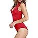 May&Maya Women's Mock Neck Plunging V-neckline Bodysuit (S, Red)
