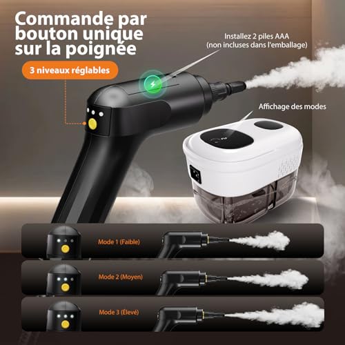 Nettoyeur Vapeur, Nettoyeur Vapeur Portable, Chauffe Rapide en 15s, 3 Niveaux de Réglage, 1,4L Steam Cleaner, Nettoyeur Vapeur Haute Pression Pour Maison, Cuisine, Salle de Bain, Auto, Sols, Meubles