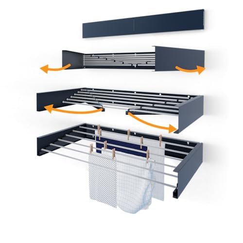 Hot Flow Glide Foldable Wall Mounted Clothes Rack, Retractable Clothes Drying Rack. Sleek Design With 6 x 100cm Rods For 6m Of Hanging Line. Perfect For Saving Space. 25kg Capacity, 100cm, Anthracite