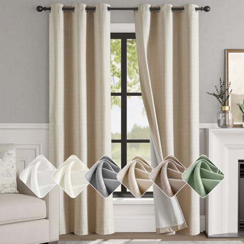 Photo 1 of jinchan 100% Blackout Curtains for Bedroom Living Room Linen Blackout Curtains 84 Inch Long Room Darkening Curtains Linen Textured Drapes 2 Panels Window Curtains Grommet Top Heathered Beige