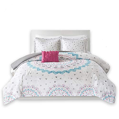 Comfort Spaces Ari Comforter Set 4 Piece White Pink Teal Blue Printed Multi Color Grandiose Medallion Design With Solid Grey Reverse Full Queen 1 Comforter 2 Shams 1 Decorative Pillow Buy