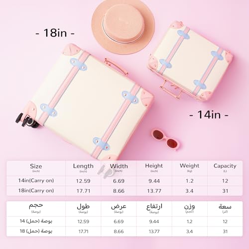 urecity Vintage PU Leather Cabin Size Luggage Set Stylish Retro Underseat Carry On Suitcases with TSA Lock & Spinner Wheels, Lightweight Design for Elegant Travel (18''+14'' White)