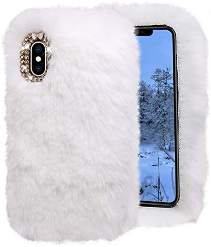 Cistor Plush Cover Case for Samsung Galaxy Note 8,Luxury Handmade Rabbit Fur Furry Fluffy Soft Warm Winter Back Cover Shockproof TPU Case with Bling Diamond Bowknot for Samsung Galaxy Note 8,White