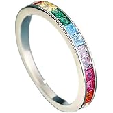 Kokoma Rainbow Crystal Stacking Ring for Women Colorful Cubic Zirconia Thin Finger Band Statament Rings Wedding Bands Promise Engagement Dainty Jewelry