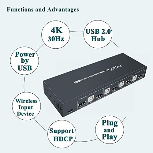 4x1 HDMI KVM Switch 4 Port Ultra HD 4K@30Hz, USB 2.0, HDCP 1.2, No Power Adapter Required, Support Wireless Input Device and Hotkey Switch, with 4 HDMI and USB Cables