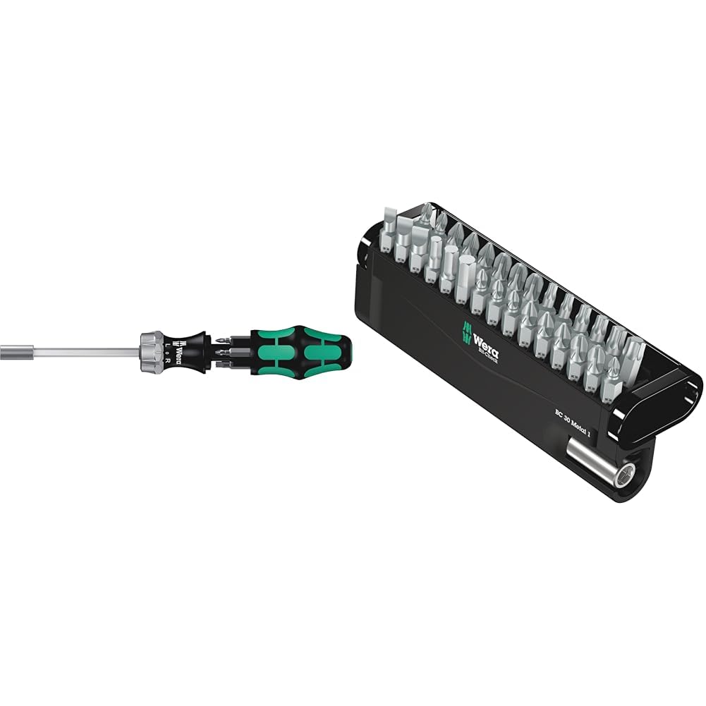 Wera Kraftform Kompakt 27 RA 1 SB Ratcheting Screwdriver & Bits & Bit-Check 30 Metal 1 General bit Set for Drill/Drivers, Metal Jointing, PZ,PH,Hex-Plus,TX 30 Piece