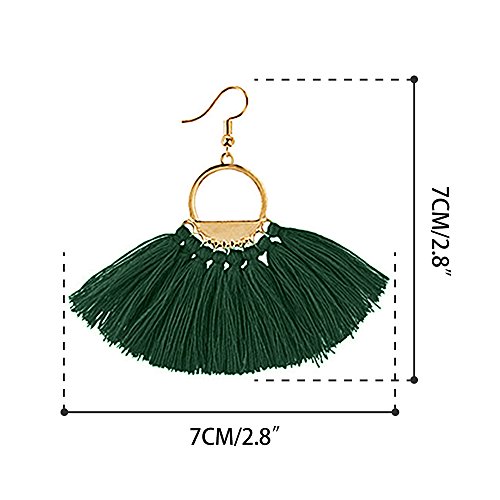 Suyi Women Tassel Earrings Bohemia Fan Shape Thread Tassel Statement Drop Dangle Earrings for Lady Dark Green - Thumbnail 2