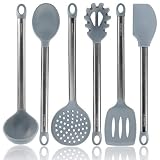 Grey Cooking Utensils, Silicone Cooking Utensils For Modern Cooking And Serving - Grey With Brushed Black Stainless Steel Cooking Utensils, 6-Piece Set: Black Kitchen Decor