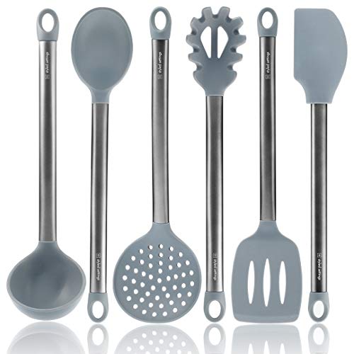 Grey Cooking Utensils, Silicone Cooking Utensils For Modern Cooking And Serving - Grey With Brushed Black Stainless Steel Cooking Utensils, 6-Piece Set: Black Kitchen Decor