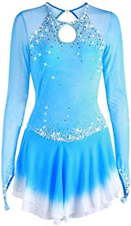 NYW Handmade Figure Skating Dress for Girls, Ice Skating Competition Professional Costume Crystals Long Sleeved Roller Skate Dress Light Blue