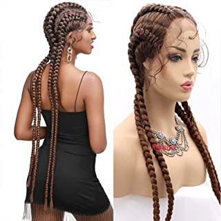 xiweiya 36”Long Blonde Brown Braided Wig 100% Hand Braided Brown Twisted Braids 360 Swiss Lace Front Wig Light Brown Double Dutch Braided Wigs with Baby Hairs for Women