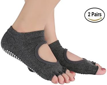 TIANFEI Half-Toe Womens Yoga Socks, Super Grip Non Slip Skid Yoga Pilates Barre cotton socks 2 Packs for Women's &amp; Girls (Navy grey)