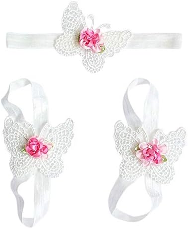 Baby Girls Infant Crochet Butterfly Headband Newborn Knitted Flower Barefoot Sandals Set Beauty Headdress