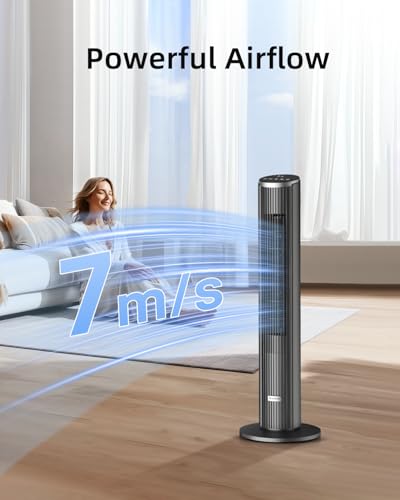 Ateroll Silent Tower Fan, Electric Cooling Fan, 90° Oscillating Bladeless Fan with Remote, 4 Speeds 3 Modes 12H Timer LED Display, Energy Efficient Standing Fan for Home Office, Black Fan