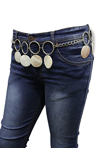 TFJ Women Beige Tie Belt Bohemian Fashion Hip Waist Silver Rings Seashells M L XL