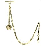 Gold Albert Chain Pocket Watch Curb Link Chain Fob T Bar + Swivel Clip + Half Penny Coin Design Medal Fob AC79