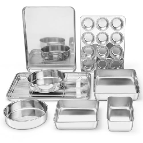 E-far 9-Piece Baking Pan Set, Stainless Steel Bakeware Sets for Sheet Cake Cookie Loaf Muffin, Include Baking Sheet, Round Square Rectangle Baking Pan & Cooling Rack, Dishwasher Safe