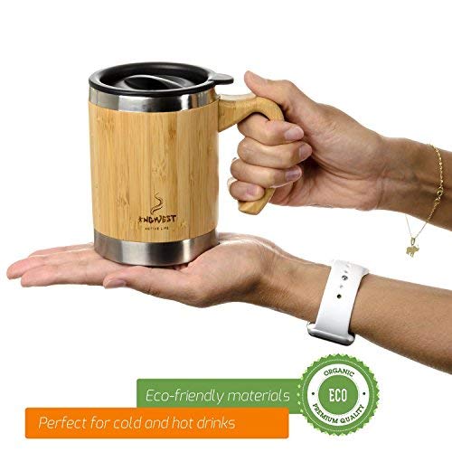 InGwest Active Life. Bamboo Coffee Mug for Man/Woman - 13.5 ounce. Super Light Eco Stainless Steel Coffee\Tea Mug with Lid and Bamboo Handle! Thickened layer of bamboo!