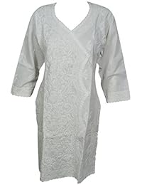 Womans Tunic Dress Cotton Summer Bliss Floral Hand Embroidered Indian White Dresses