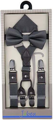 Jabeu Elastic ¾ Inch Skinny Fashion Suspenders Features Genuine Leather Tips, with Polyester Design Pocket Square and Pre-Tied Bow Tie Gift Set, Unisex. Men Boys Girls and Toddlers - Grey - Kids: 9M - 4Y