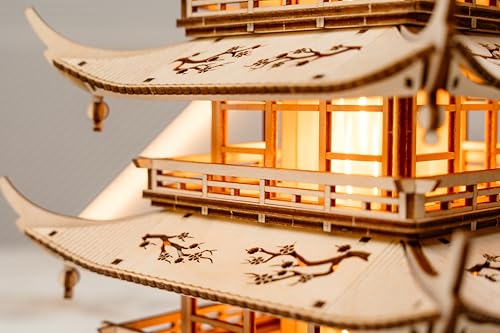 Wood Trick Harmony Tower Pagoda 3D Wooden Puzzles LED for Adults Delicate Engravings 2 Modes Lighting DIY Engineering Project Mechanical 3D Puzzle Model Kit