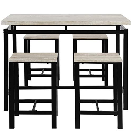 Pub Table Set, Rockjame 5 Piece Counter Height Dining Table Set with 4 Chairs for The Bar, Breakfast Nook, Kitchen Room, Dining Room and Living Room (Beige)