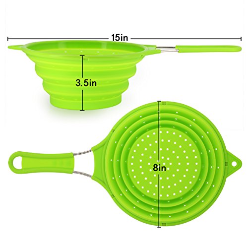 Collapsible Silicone Colander Foldable Strainer Kitchen Food Strainer with Stainless Steel Handle 100% BPA Free and Food Grade Silicone,Best for Rinsing or Draining Vegetables and Fruits-Green - Thumbnail 6