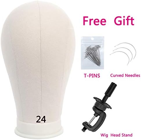 Wig head Mannequin Canvas Block Manikin Head with Stand for Wigs Making Display Styling 24 Inch (Cork Head+T-Pins+Clamp Stand +Curved Needles)