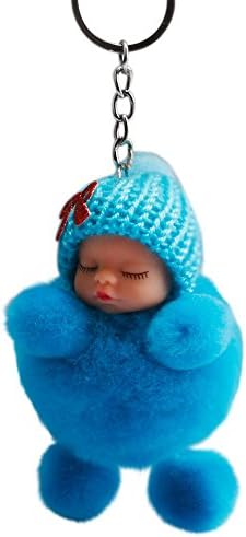 Gaddrt Cute Sleeping Baby Plush Doll Keychain Bowtie Fluffy Pompom Keyrings Bags Charm Pendant Handbag Car Women Key Ring Holder Pompoms Key Chain (Blue)