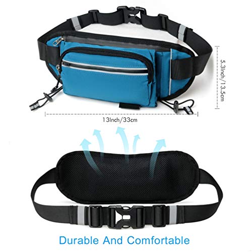 Reflective Run Running Pouch Belt Belts Bag Mens Gym Fanny Waist Pack Packs Waterproof Jogging Phone Workout Small Bags to Exercise Water Holder Light For Hiking Men Accessories Women Iphone Lake Blue