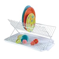 Better Houseware 34880 Folding Dish Drying Rack and Drain Board 2-Piece Set, 18" x 12.25" x 10.75" Tall - Air Dry Plates on Countertop, White Coated Steel Plate Drying Rack Folds Flat for Storage