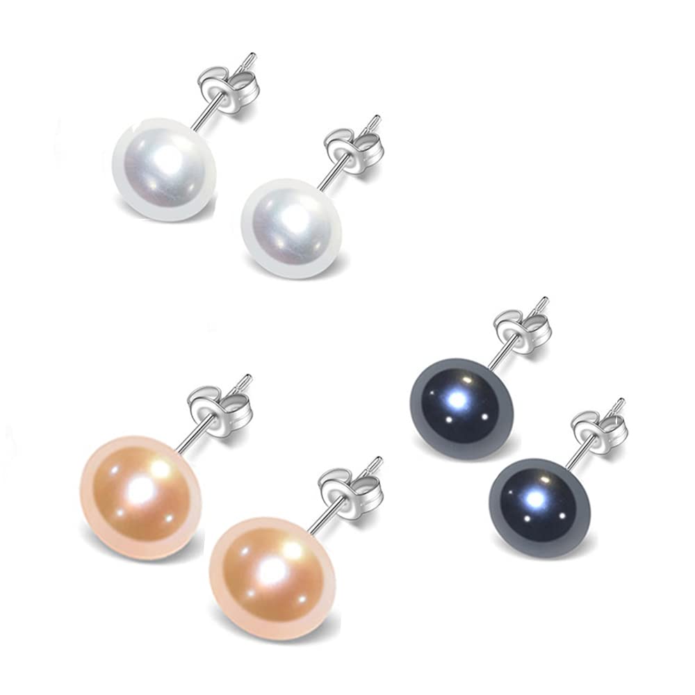 TreasureBay Women's Large Pearl Stud Earrings 8-9mm Freshwater Pearl Stud Earrings With 925 Silver (Black-Pink-White set)