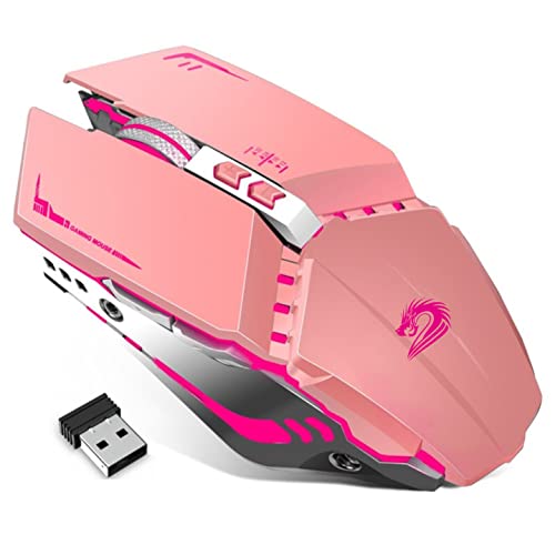 TENMOS T12 Wireless Gaming Mouse Rechargeable, 2.4G Silent Optical Wireless Computer Mice with Changeable LED Light for Laptop PC, 7 Buttons, 3 Adjustable DPI (Pink)