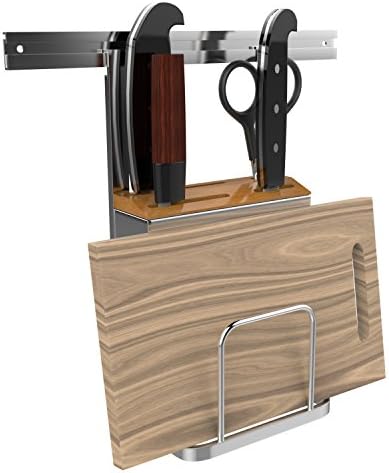 Inmount Knife Block Cutting Board Holder Pot Lid Holder Heavy Stainless Steel Kitchen Utensil Organizer Wall Mount Pantry Rack (Silver)