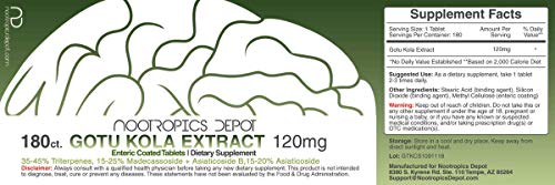 Gotu Kola Extract Tablets | 120mg | 180 Count | Enteric Coated | Centella asiatica | 35-45% Triterpenes | Supports Healthy Stress Levels | Promotes Memory Enhancement
