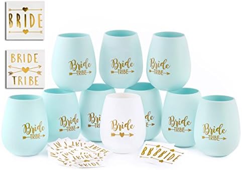 Bride Tribe Bachelorette Party Silicone Cups - Set of 10 Bundle with Temporary Tattoos Set of 12 -Bridesmaid Wedding Gift Celebration Durable Decorations (Blue)