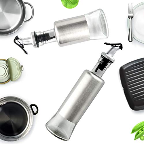FARI Stainless Steel Olive Oil Dispenser Bottle Set, 2 Pack of 10oz