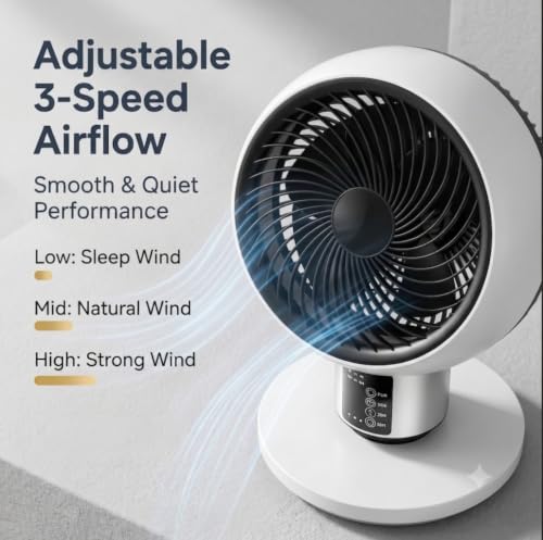 Pedestal Air Circulator Fan with Remote Control, Smart 3D Oscillation Cooling Fan for Bedroom Home Office, 3 Speeds, 7.5H Timer, 46 to 92cm 3-Way Adjustable Height Table Standing Fan, White