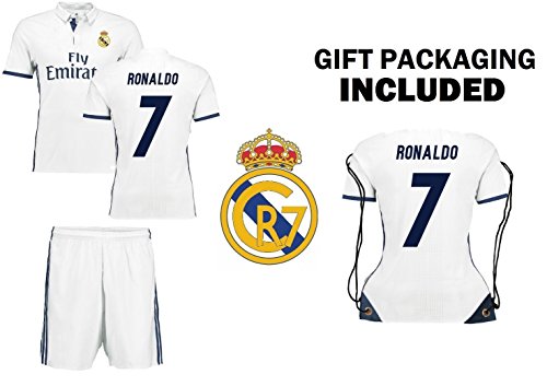 Ronaldo #7 Real Madrid Home Kids Soccer Jersey Kit with Free Shorts & Backpack Youth Sizes (Youth L: 10-12 years old)