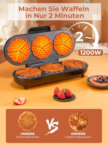 FOHERE King Size Waffle Iron, 15 Heart Waffles in 2 Minutes, Heart Waffle Iron with 3 Non-Stick Baking Surfaces for Classic Heart Wafers, Baking Tray, Stainless Steel, Ideal for Family & Party (Silver)