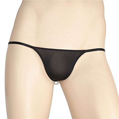LinvMe Men's See Through T Back G String Ice Silk Pearl Beads Underwear Black M