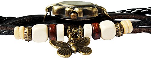 Bohemian Style [Retro] Handmade Leather [Butterfly Pendant] Wrist Watch. Beautiful, Fashionable [Luxury] & Stylish [Weave Around] Wrap Watch Bracelet For Women, Ladies, Girls- Black - Thumbnail 3