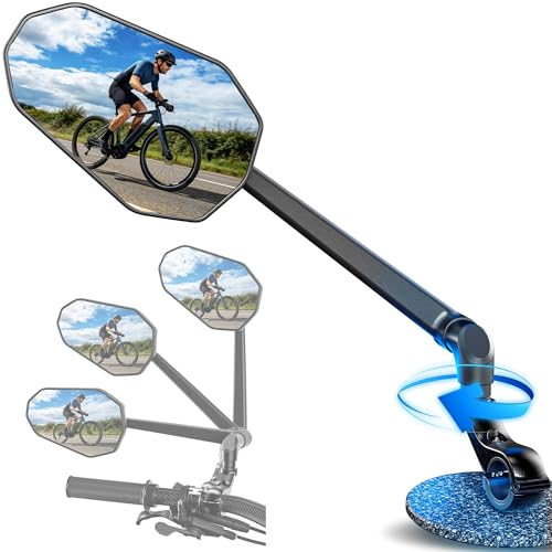 Bicycle Mirror for E-Bike Left, 360° Foldable & Rotatable Bicycle Rear View Mirror with Large Mirror Surface, Bicycle Mirror Left for Ebikes, Mirror for Bicycle, Impact-Resistant Real Glass, Bicycle