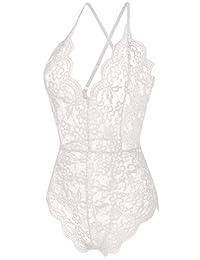 Lencería sexy para dama con cuello en V, una pieza, ropa de dormir de encaje químico