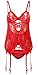 YKSH Women Lingerie, 4 Pcs Sexy Lace Lingerie With Garter Belt Bodysuit Babydoll Chemise,Small,Red