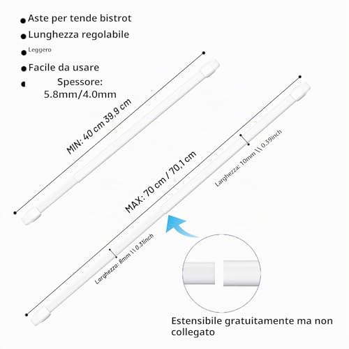 2 Pieces Glass Curtain Rods Extendable Curtain Rods Without Drilling for Shops, Cabinets, Windows, Kitchens, DIY Projects(40-70 cm, White)