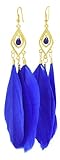 Royal Blue Long Three Feather Earrings, Feather Dangle Earrings