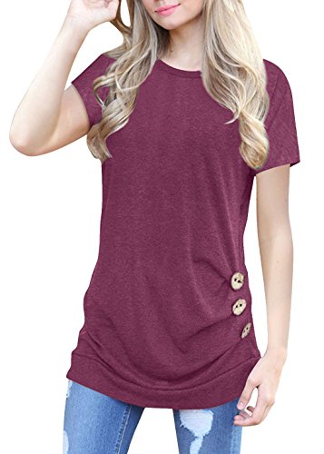 Anicco Button Down Shirts For Womens Casual Round Neck Loose Tunic Top Blouse Maroon-XL