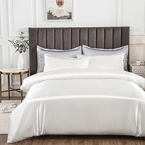 Morbuy Silk Satin Double Duvet Cover with 2 Pillowcases, White Bedding Set Easy Care Duvet Cover Set with Zipper Closure - Luxury Ultra Soft Quilt Cover 3 Piece - 200x200cm — image 1