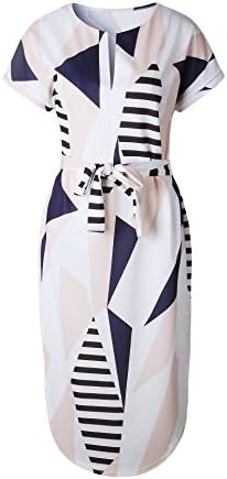 YUANLINGWEI Summer Polyester Women Printt Sashes O-Neck Slim Sheath Dress Women Robes